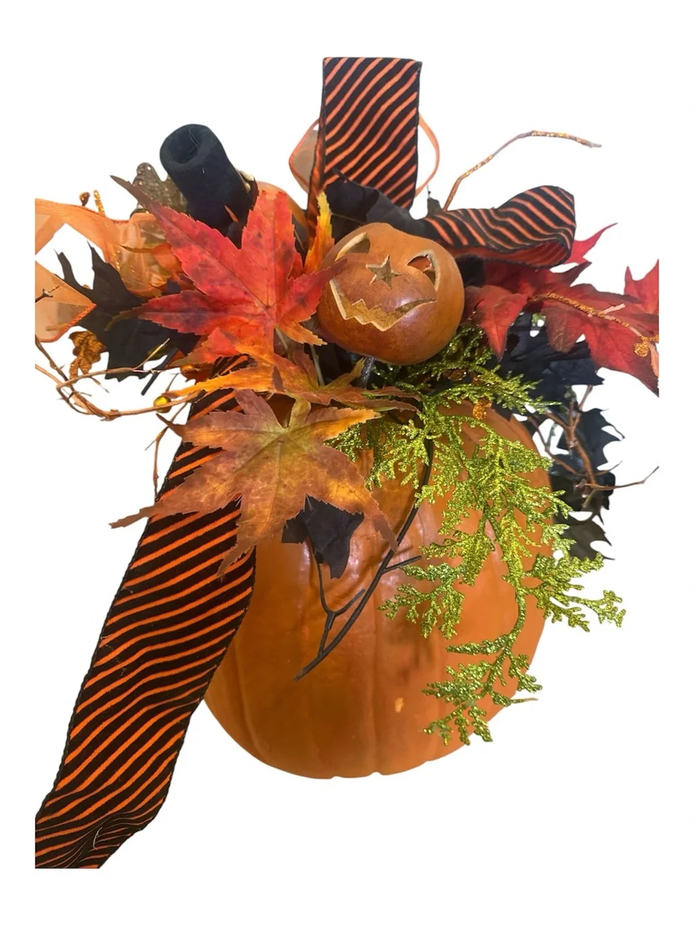 Fall Halloween Decor Orange Pumpkin Floral Accent with Black & Orange Ribbon